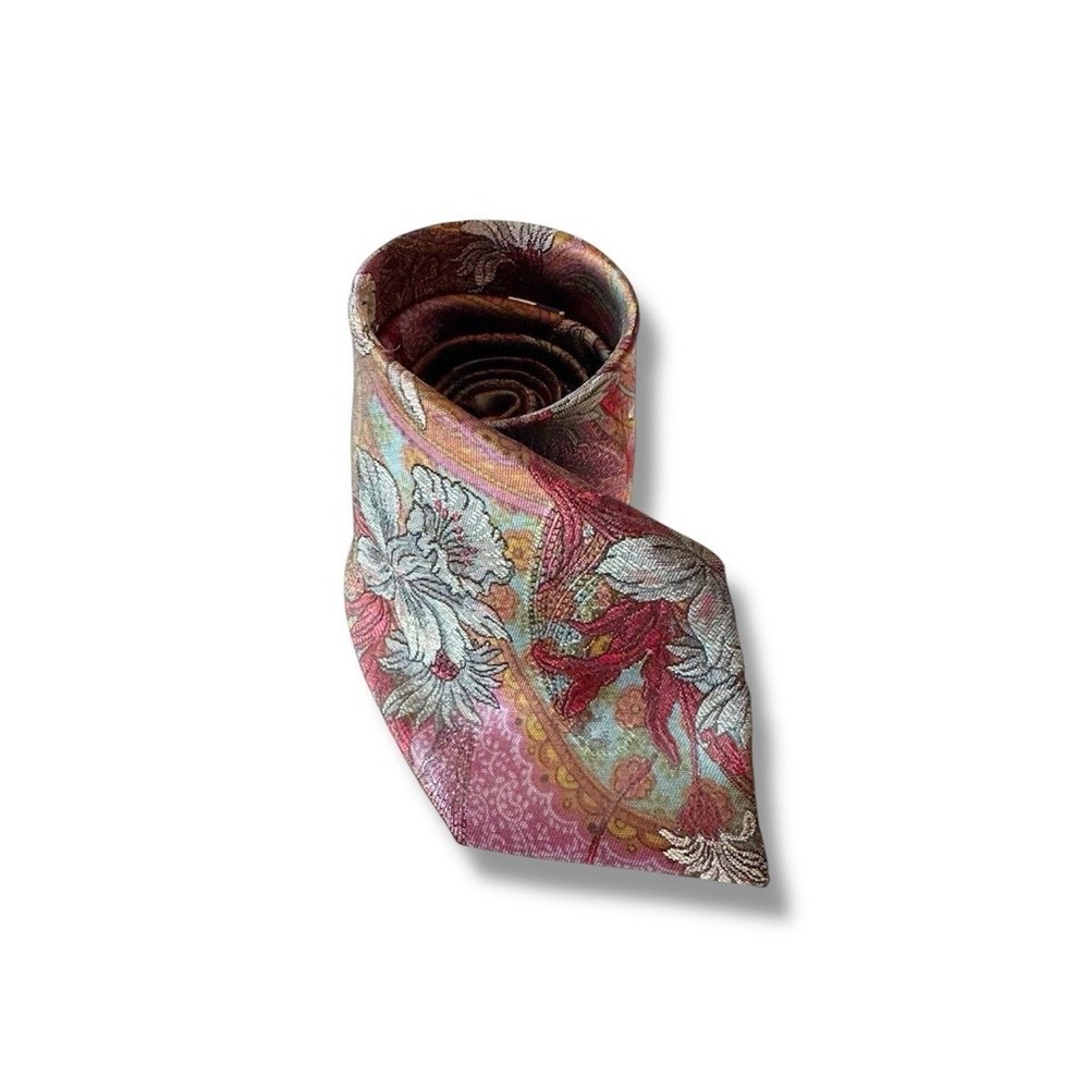 Oscar De La Renta Studio Tie Vintage Muted Floral 1990s Lavender Browns Workwear
